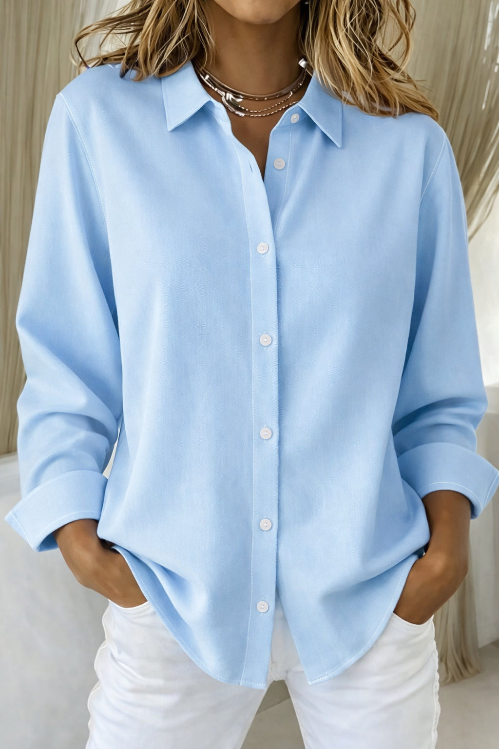 Geraldine | Women's Linen Casual Elegant Collared Blouse — Sky Blue