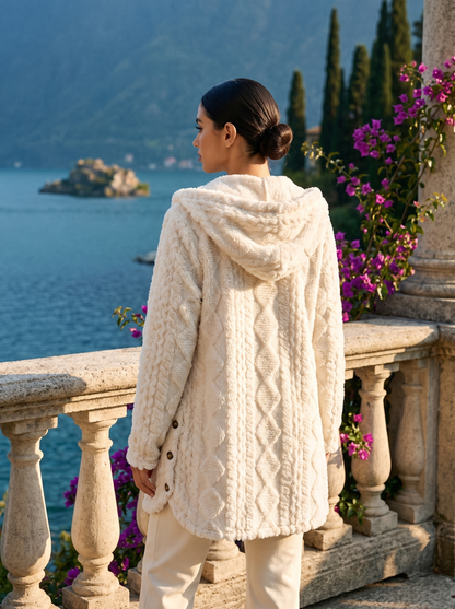 Back view of an ivory plush hooded longline cardigan on a Lake Como terrace — Aveloire