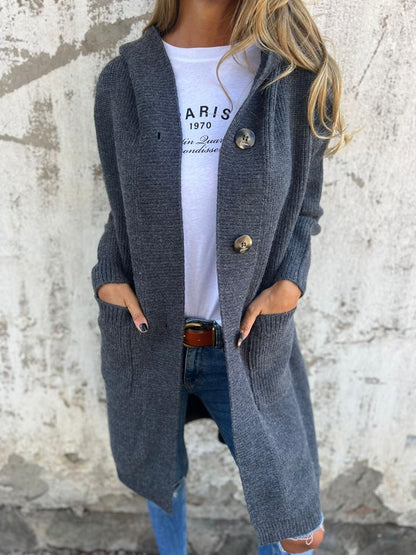 Women's Longline Knitted Cardigan | Hooded & Button Front 4