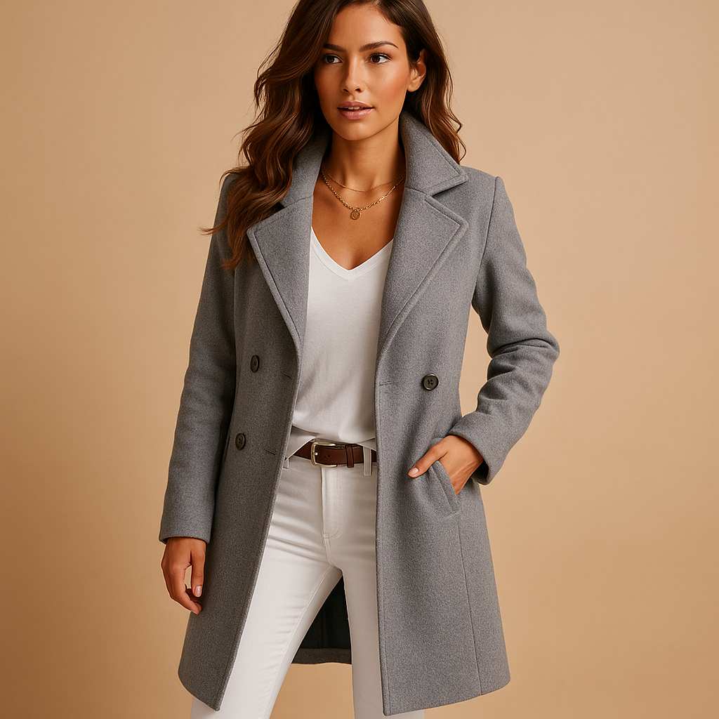 Women’s long elegant coat with button closure, classic collar, and tailored fit. Available in Grey, Dark Grey, Camel, and Black.