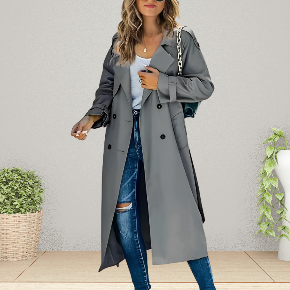 Grey Longline Trench Coat with Double Breasted Front and Belt