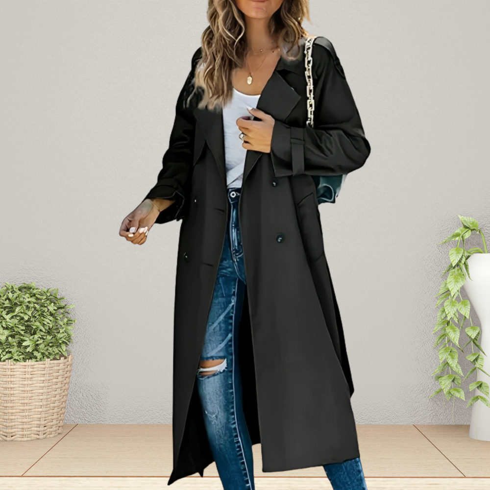 Black Longline Trench Coat with Double Breasted Front and Belt