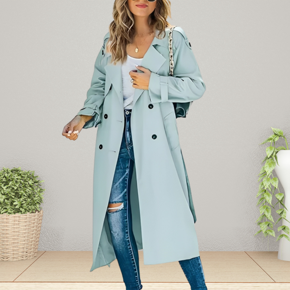 Light Blue Longline Trench Coat with Double Breasted Front and Belt