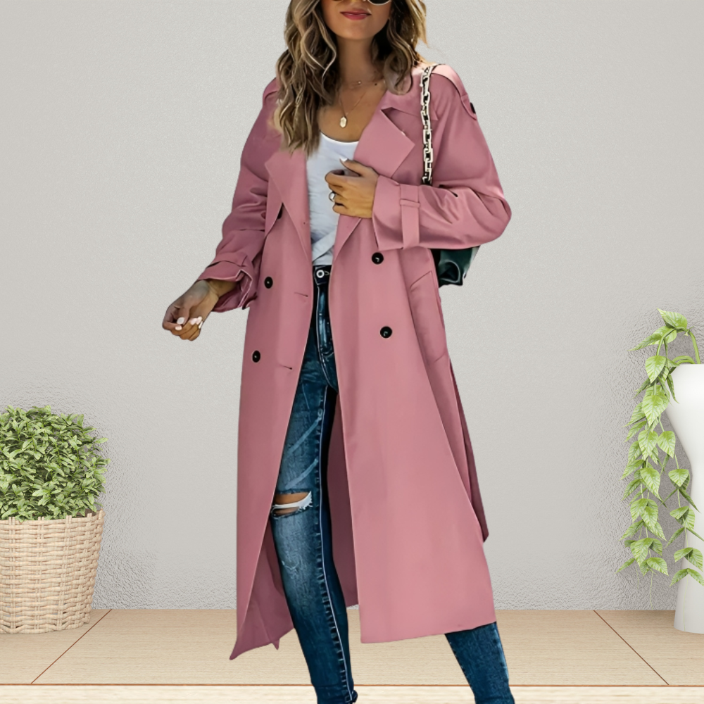 Pink Longline Trench Coat with Double Breasted Front and Belt