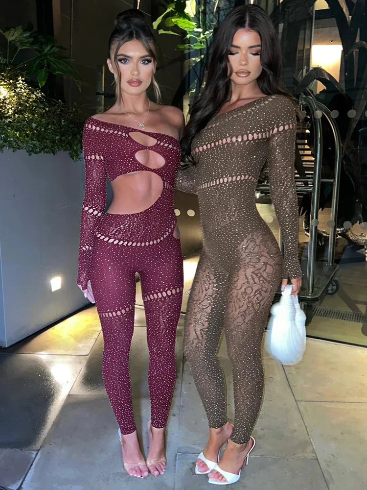 Women’s Rhinestone Off-Shoulder Jumpsuit | Stretch Fabric for Night Out