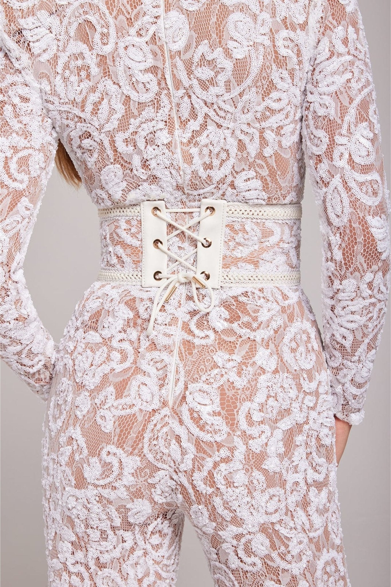 Women's Sequin Lace Long Sleeve Jumpsuit | Sheer Accents & Flared Trousers for Parties