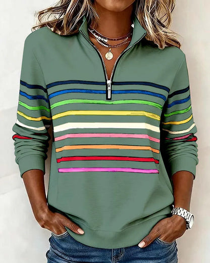 Women's Striped Sweatshirt | Half-Zip Collar
